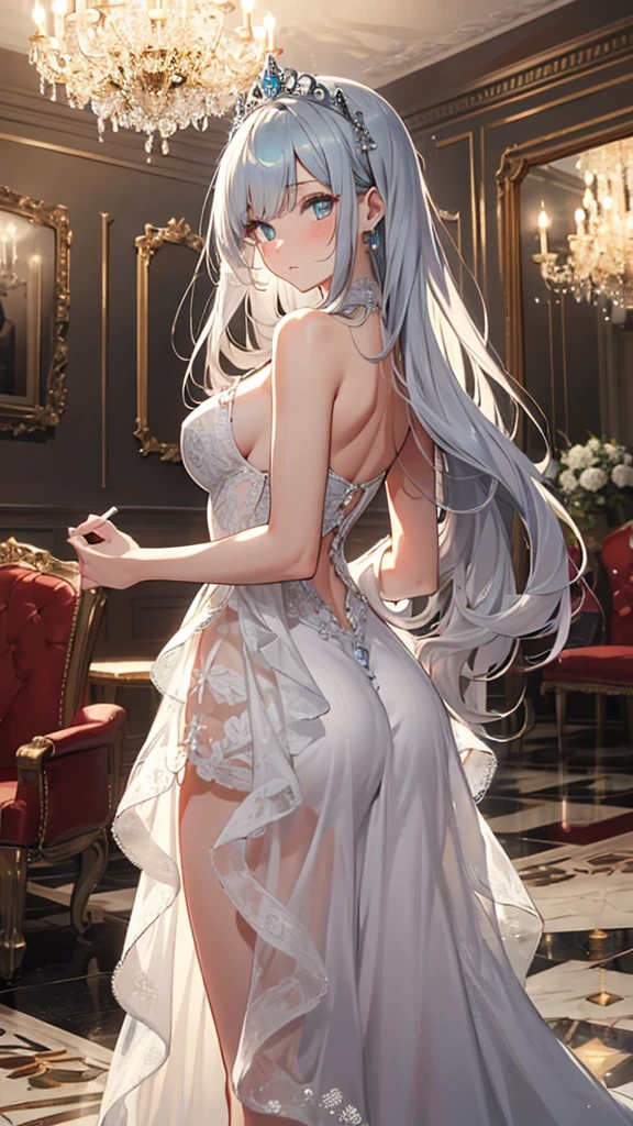 Create an image of a reserved girl with silver hair and cyan eyes, glancing downward with an uncertain expression. Her hair is shoulder-length and slightly curled at the ends, adorned with a delicate tiara. She is dressed in a flowing, ethereal gown, standing in a grand ballroom with chandeliers and marble floors. The camera angle is from behind, capturing her delicate form and the opulent surroundings. Ensure the image is a masterpiece with the best quality, very detailed, and very delicate.