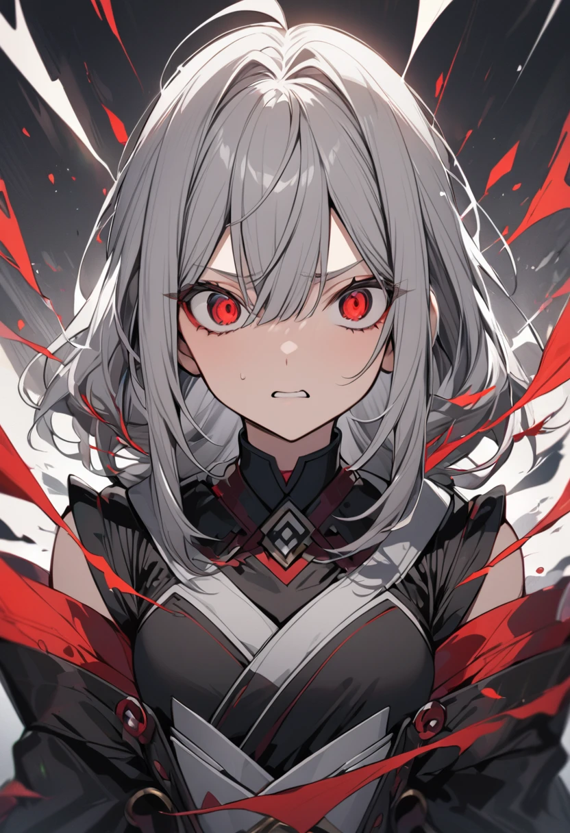 Japanese girl half-closed red eyes Gray Hair Black Dress Confused eyes