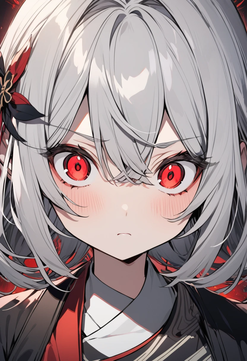 Japanese girl　half-closed red eyes　Gray Hair　Black Dress　Confused eyes