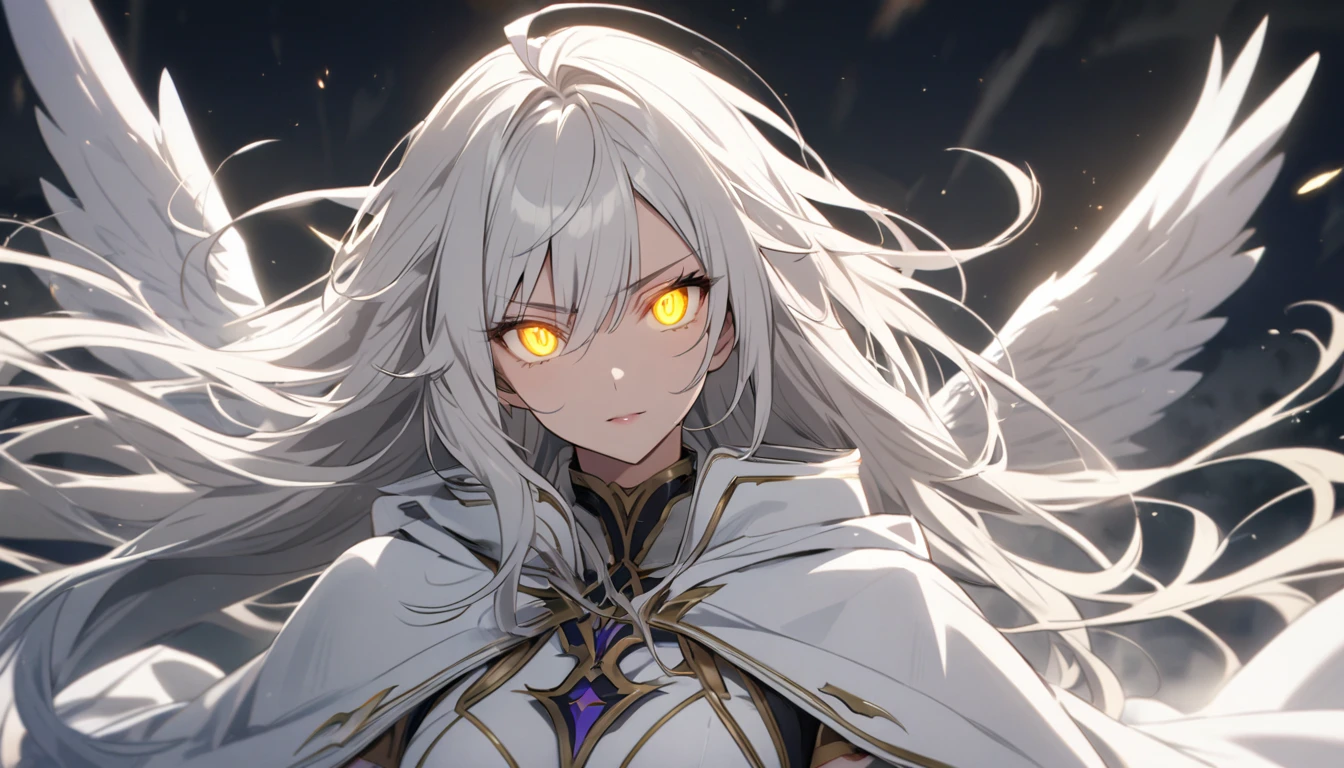 Female, white hair, long hair, yellow eyes, adult, pretty, glowing eyes, white cloak, white wing angel,