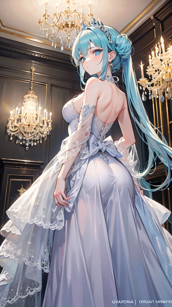 Create an image of a reserved girl with silver hair and cyan eyes, glancing downward with an uncertain expression. Her hair is shoulder-length and slightly curled at the ends, adorned with a delicate tiara. She is dressed in a flowing, ethereal gown, standing in a grand ballroom with chandeliers and marble floors. The camera angle is from behind, capturing her delicate form and the opulent surroundings. Ensure the image is a masterpiece with the best quality, very detailed, and very delicate.