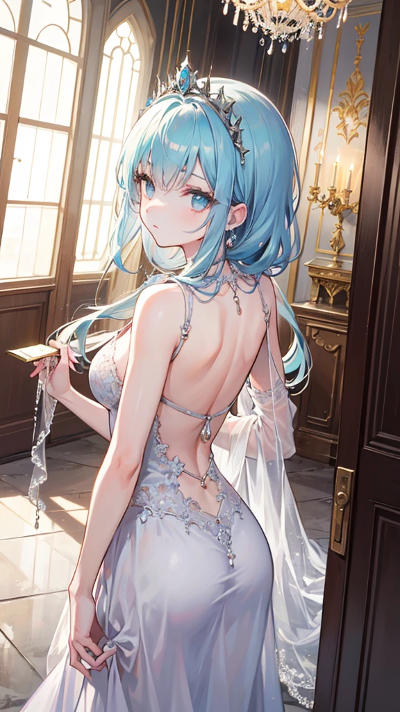 Create an image of a reserved girl with silver hair and cyan eyes, glancing downward with an uncertain expression. Her hair is shoulder-length and slightly curled at the ends, adorned with a delicate tiara. She is dressed in a flowing, ethereal gown, standing in a grand ballroom with chandeliers and marble floors. The camera angle is from behind, capturing her delicate form and the opulent surroundings. Ensure the image is a masterpiece with the best quality, very detailed, and very delicate.