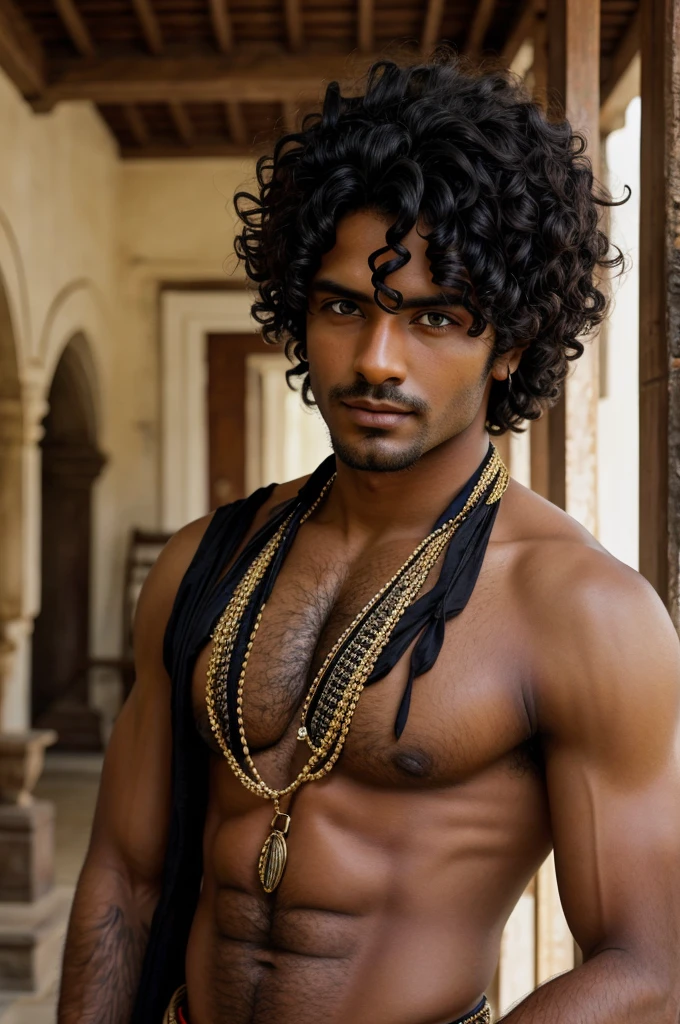 An English man with krishna looks with black n curly hair
