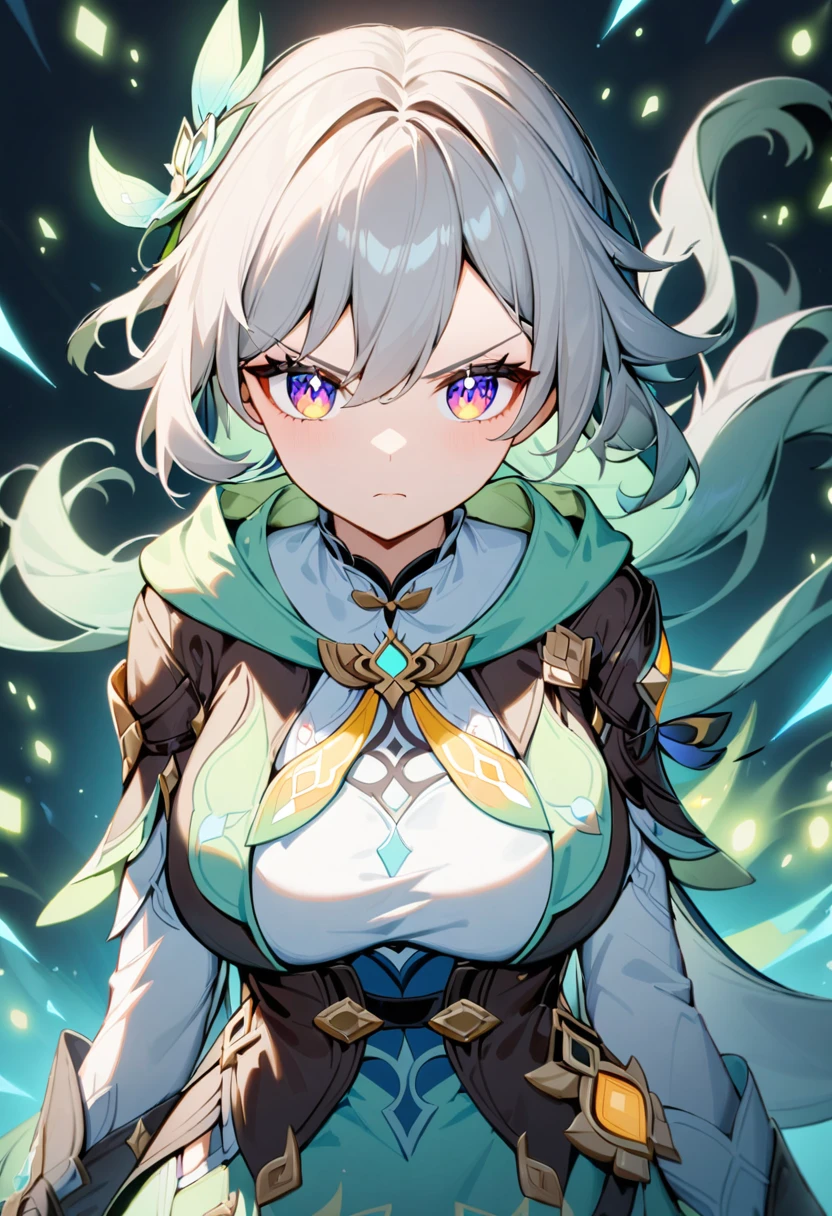 An anime girl,Genshin Impact,Firefly,Silver hair,Green clothes,Cool,A sword,Big breasts,Serious expression