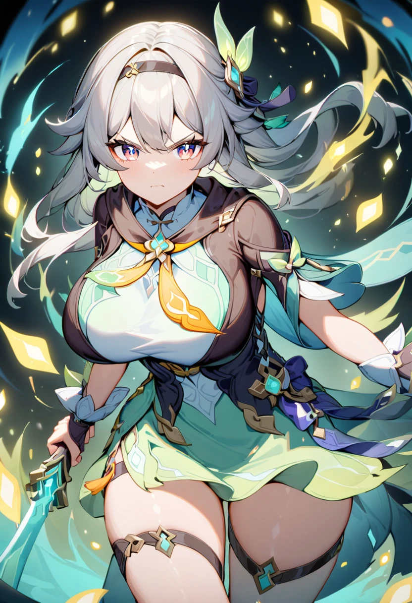 An anime girl，Genshin Impact，Firefly，Silver hair，Green clothes，Cool，A sword，Big breasts，Serious expression