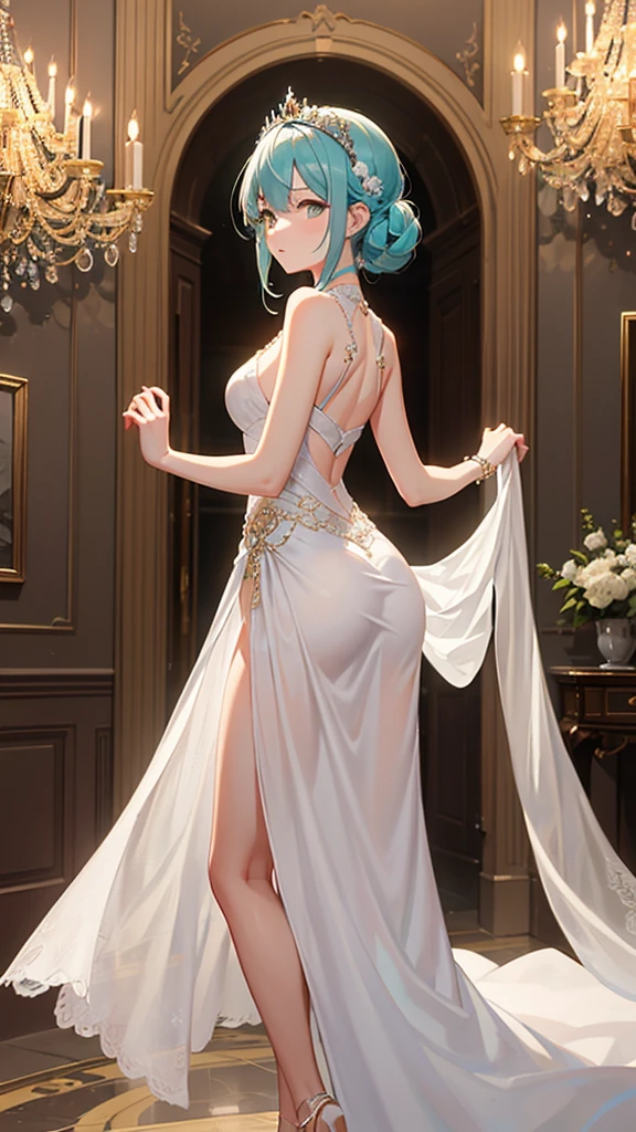 Create an image of a reserved girl with silver hair and cyan eyes, glancing downward with an uncertain expression. Her hair is shoulder-length and slightly curled at the ends, adorned with a delicate tiara. She is dressed in a flowing, ethereal gown, standing in a grand ballroom with chandeliers and marble floors. The camera angle is from behind, capturing her delicate form and the opulent surroundings. Ensure the image is a masterpiece with the best quality, very detailed, and very delicate.