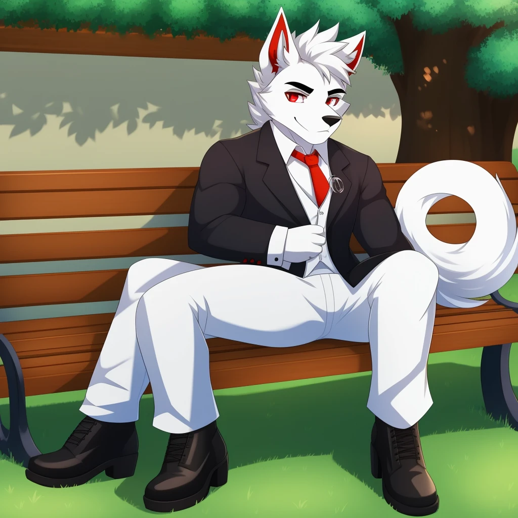 White wolf, 22 years old, white fur, bushy tail, white mane, red eyes, thick black eyebrows, masculine, wearing a tuxedo, red neck tie, black shoes, sitting down, on a park bench. Grassy ground, sexy pose, looking at viewer, wearing a pendant