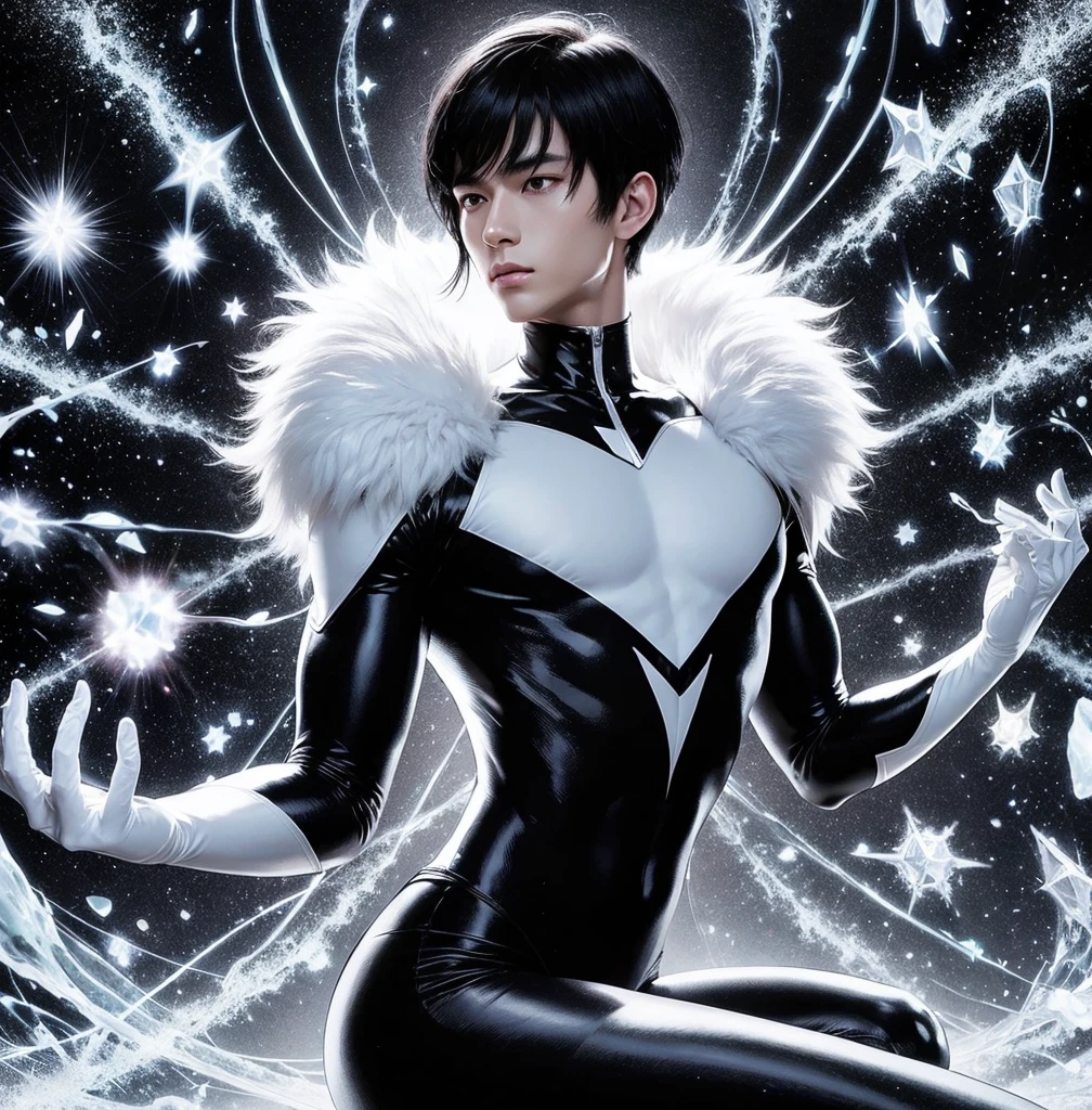 American classic comic book art: Mind Telepathy, handsome delicate ethereal young man, silky black short hair with bangs, tight black and white outfit with white fur collars, pointed ears, black tight leggings, long white gloves, emanating white energy, very young face boy Asian, ethereal male delicate body, Northstar Marvel, big city,butt, thighs, levitating crystals, magic light pink energy, white eyes, focus on face, classic comic book