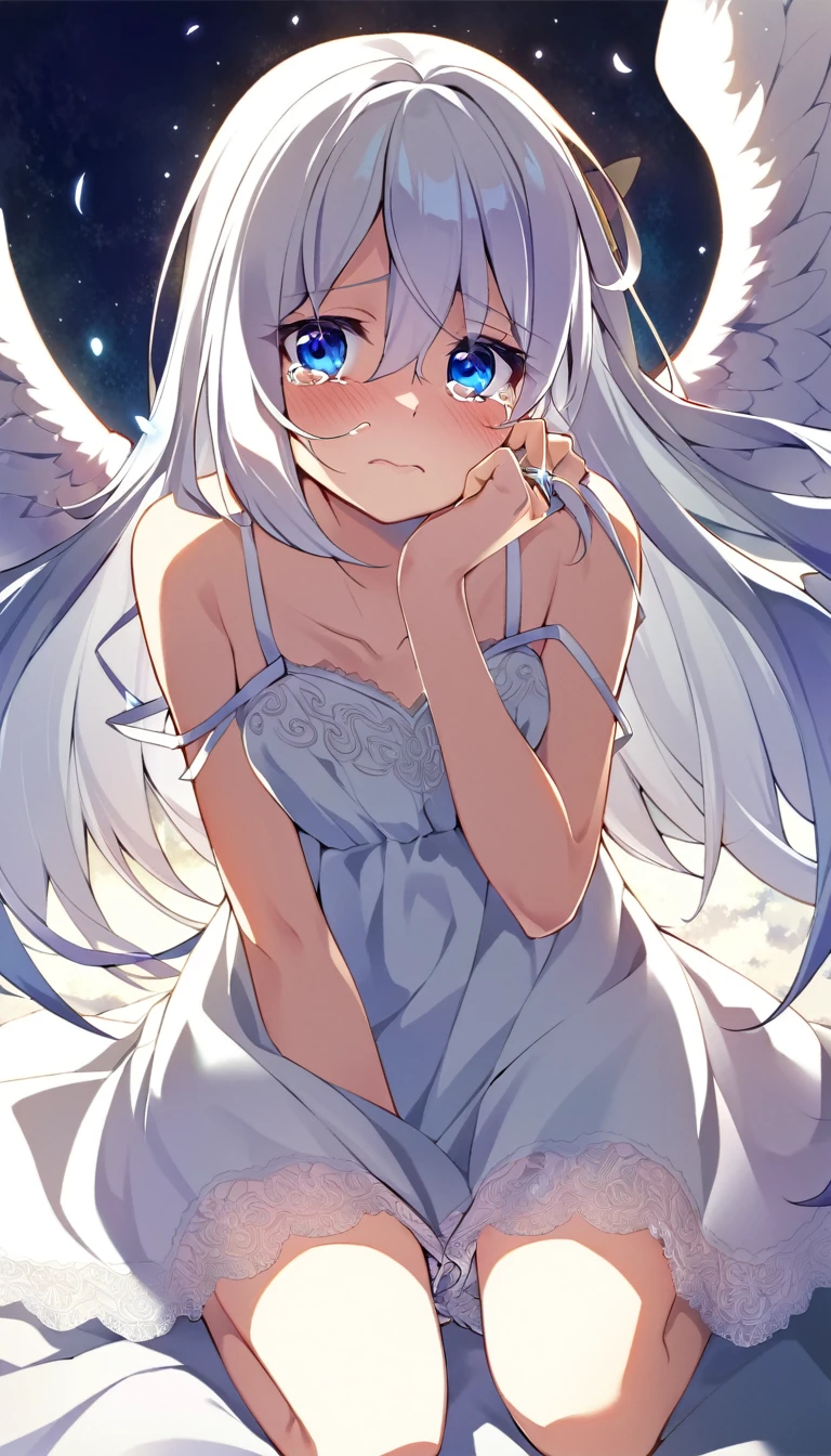 one girl, fallen angel, angel wing, angel ring, sacred, cute, naive, crying, 15 years old, beautiful, light blue eyes, white dress, white hair