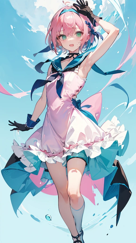 (((pink hair))) ,((green eye)), short hair, ((( short tale))),skinny body, mainly white and sky blue hem sundress,blue hairband,laugh with open mouth,((black long gloves)), (((blue sailor color))), (((blue thin neck ribbon))),one hair ribbon,((full body)),black bike shorts,kneehighs
