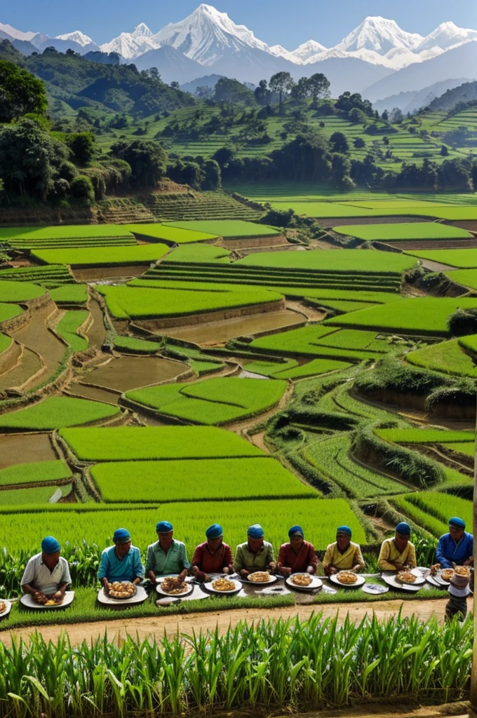 Nepalese farmers eating food in paddy farm