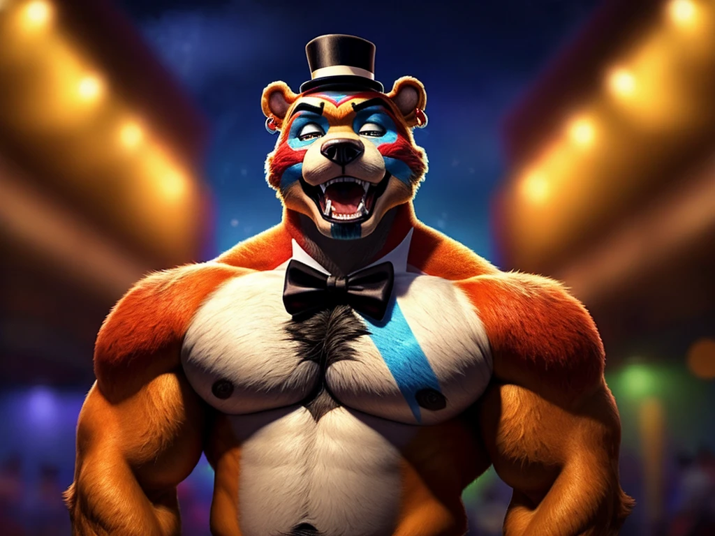 Glamrock Freddy is a bear Fazbear, he has a top hat, now with a thin blue stripe just above its brim. His microphone is now on a stand in which Glamrock Freddy holds, and is a more rectangular shape, A light blue stripe is seen in the center of his bottom jaw, Around Glamrock Freddy's eyes is sky blue face-paint, Glamrock Freddy's teeth also resemble those of real bears, including 4 sharp canine teeth. Additionally, he has a red earring on his left ear and a light blue lightning bolt on his chest, anthro bear, male, adult, orange fur, buffed body, sexy, beefy body, furred body, beautiful, furry chest hair, realistic, full body, photorealistic, ultra realistic, 8k, night, bare-chested