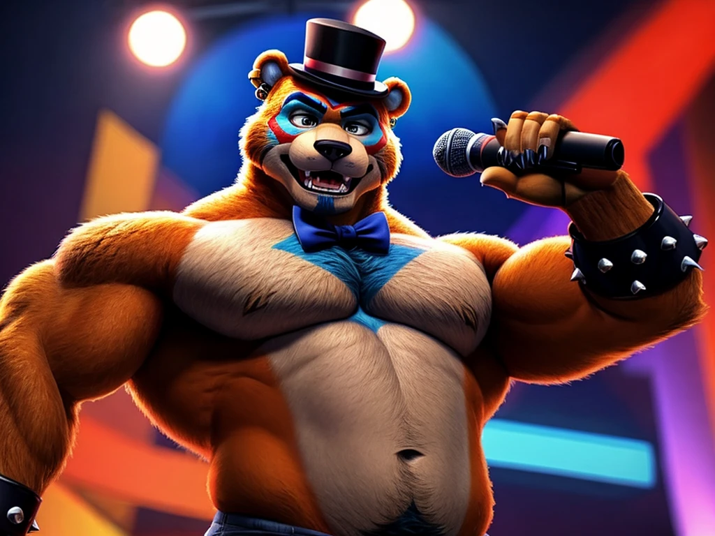 Glamrock Freddy is a bear Fazbear, he has a top hat, now with a thin blue stripe just above its brim. His microphone is now on a stand in which Glamrock Freddy holds, and is a more rectangular shape, A light blue stripe is seen in the center of his bottom jaw, Around Glamrock Freddy's eyes is sky blue face-paint, Glamrock Freddy's teeth also resemble those of real bears, including 4 sharp canine teeth. Additionally, he has a red earring on his left ear and a light blue lightning bolt on his chest, anthro bear, male, adult, orange fur, buffed body, sexy, beefy body, furred body, beautiful, furry chest hair, realistic, full body, photorealistic, ultra realistic, 8k, night, bare-chested