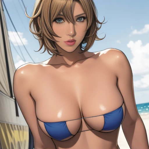 Browsing Caution, Highest quality, Official Art, masterpiece, Fabric Shading, High resolution, Very detailed, colorful, Best details, (Adult,19 years old, One Girl, alone, Final Fantasy 12, Asheria, transformation, Female dog, short hair, Curly Hair, Bobcut, Eyepatch bikini, Large Breasts, skinny, blue eyes, Public indecency, Beach:1.5, derogatory,