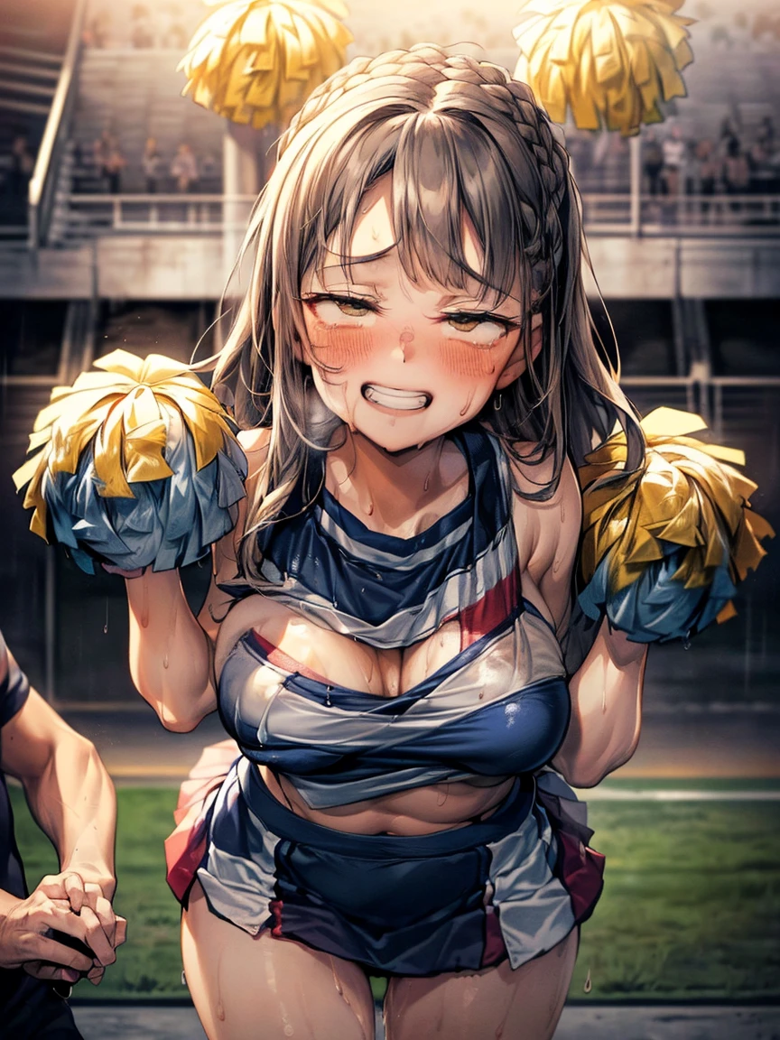 (Very tiny girl rides guy perfectly:1.5)、(Petite girl riding:1.3)、(:2)、(eyes half closed:1.9)、(Grin:1.4)、(tears:1.2)、(The body shakes violently)、8k resolution、 ((Highest quality))、Anatomically correct、(Cheerleader:1.9)、((Hasselblad Photos))、[:(Detailed face:1.2):0.2]、(heavy rain:1.5)、(Sweaty:((Front view:1.6))、(braid one's hair:1.5)、(Loss of strength from the body:1.3)、(呻吟)、(Jump:1.6)、(urrounded by of middle-aged men:1.6))、(Upper Body:1.9)、(Leaning forward:1.6)、(Groping the chest:1.6)、((kiss:1.6))、(Putting a penis in the vagina:1.6)
