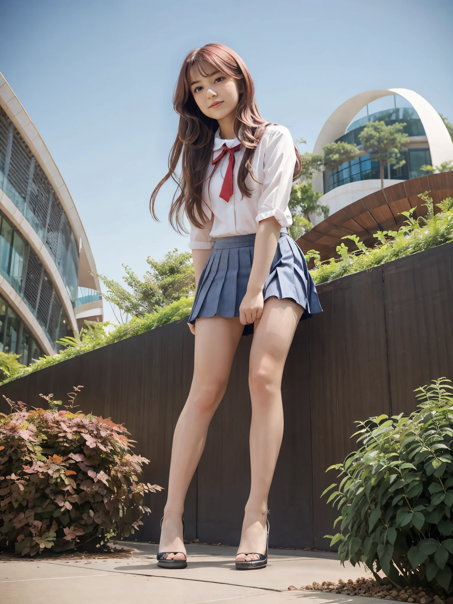 1girl, focus on girl, seifuku, white blouse accentuated with red ribbon on collar, short pleated skirt, sitting, thigh, very straight hair, very long pink hair, detailed face, (blush:1.2), looking at viewer, placing both of her hands on thigh, (curvilinear parametric architecture:1.2), (tesselated facade, front street view, low-rise building, theatre stadium, manufactured goods, ground breaking design, integrated greenery, vertical garden, green facade, biophilic design, sustainable architecture, nature-inspired elements, harmonious blend with environment:0.8),