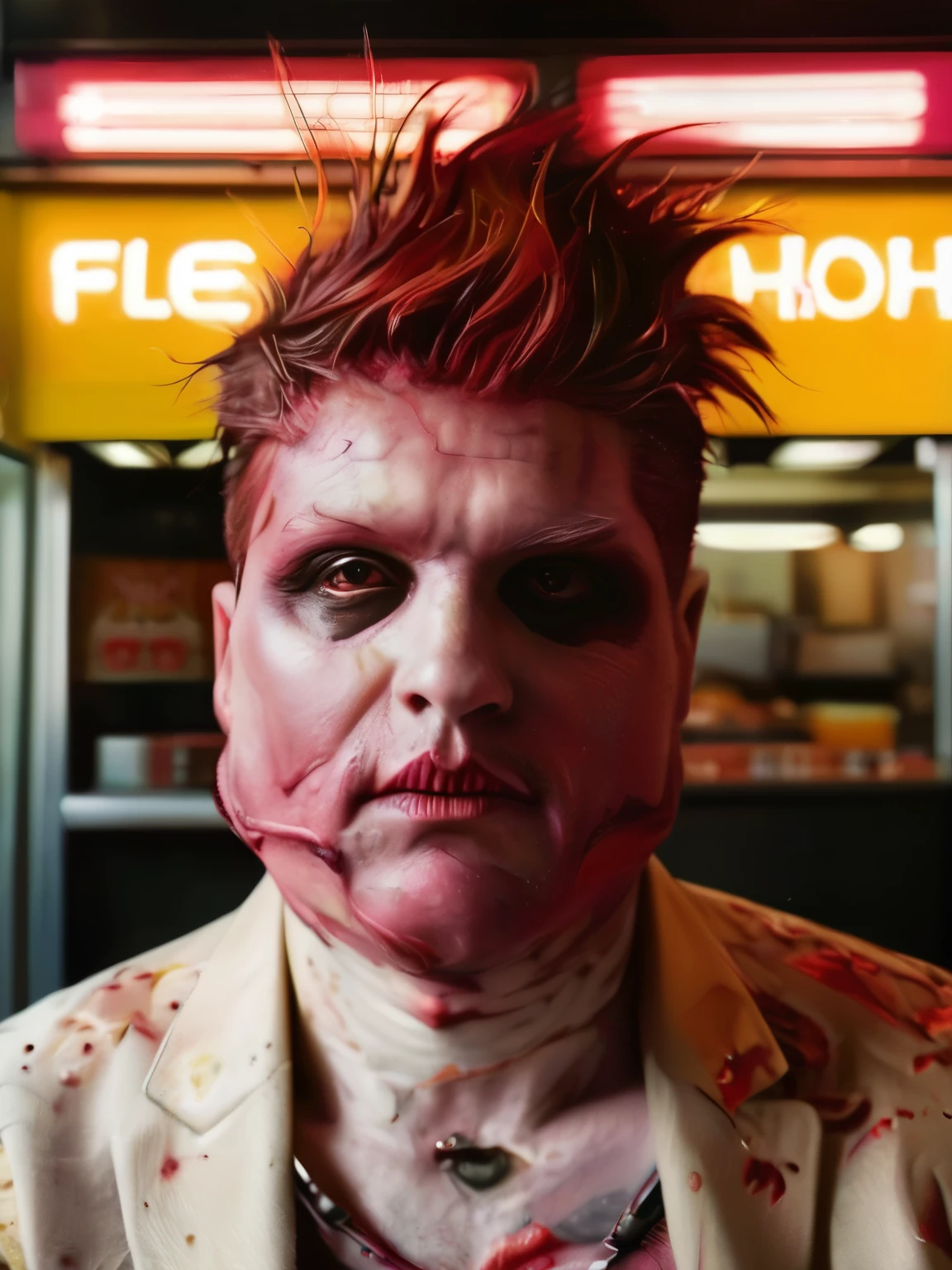 fleshmutant bodyhorror working at a fast food restaurant,close up,, true to life, HDR image,High detail resolution,soft eyes,natural skin,high detailed face,high detailed cloth,film photography,vintage,cinematic lighting,realistic,sharp focus,(very detailed),((4K HQ)),depth of field,f/1.2,Leica,8K HDR,High contrast,shadows, bokeh,(detailed and realistic skin texture),(detailed clothing),(detailed background),detailed skin,(highly detailed skin),(8K HDR photo),realistic texture,realistic shadows,accurate to life,living image,lifelike