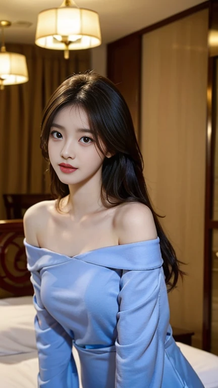 1 Girl,hotel,Soft Light,Chinese Beauty,Off-shoulder dress,,Dark-haired,long hair