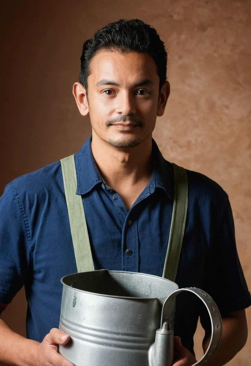 looking at viewer, 1 chico, portrait, watering can