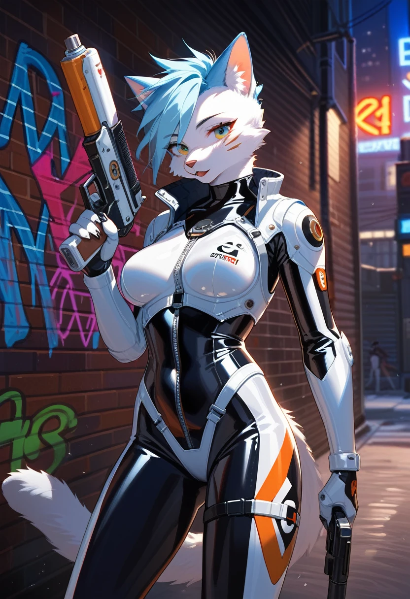 animation, Highest quality, Highest quality, High quality illustrations, masterpiece, Ultra-high resolution, Detailed Background, Alley, night, Graffiti art on the wall, Absurd, Perfect Anatomy, performance, Good lighting, Shadows in the movies(kemono, Furry PersonifiCation), Cat, woman, Blueskin, White Rubber Suit, latex, neon, neonライト, neonカラー, Bodysuits, Cyber Suit, Mech Suit, Rubber Half Jacket, cyber punk, Blade Runner, He has a gun in his right hand, Holding a blade in his left hand