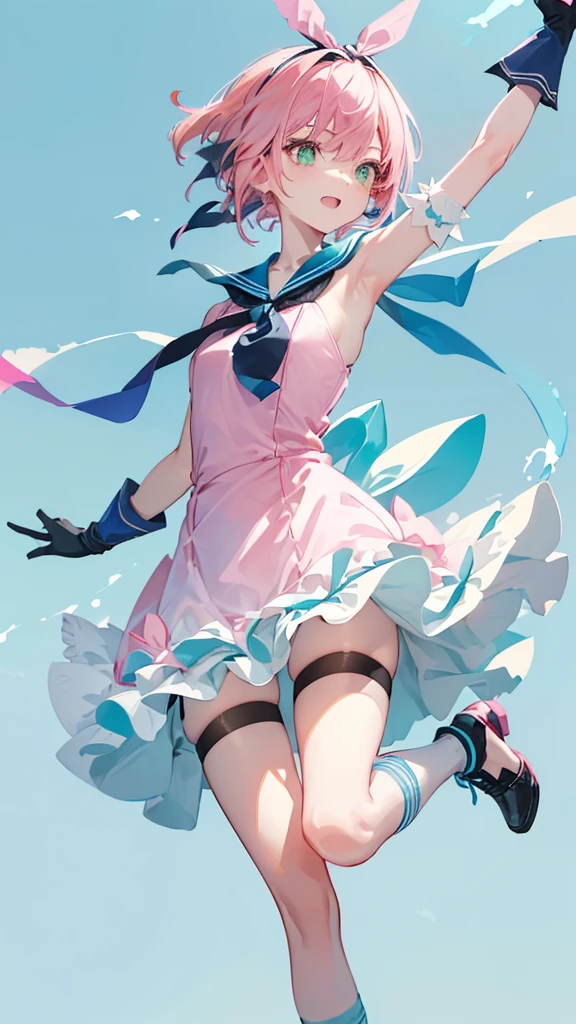 (((pink hair))) ,((green eye)), short hair, ((( short tale))),skinny body, mainly white and sky blue hem sundress,blue hairband,laugh with open mouth,((black long gloves)), (((blue sailor color))), (((blue thin neck ribbon))),one hair ribbon,((full body)),bike shorts,((black kneehighs))