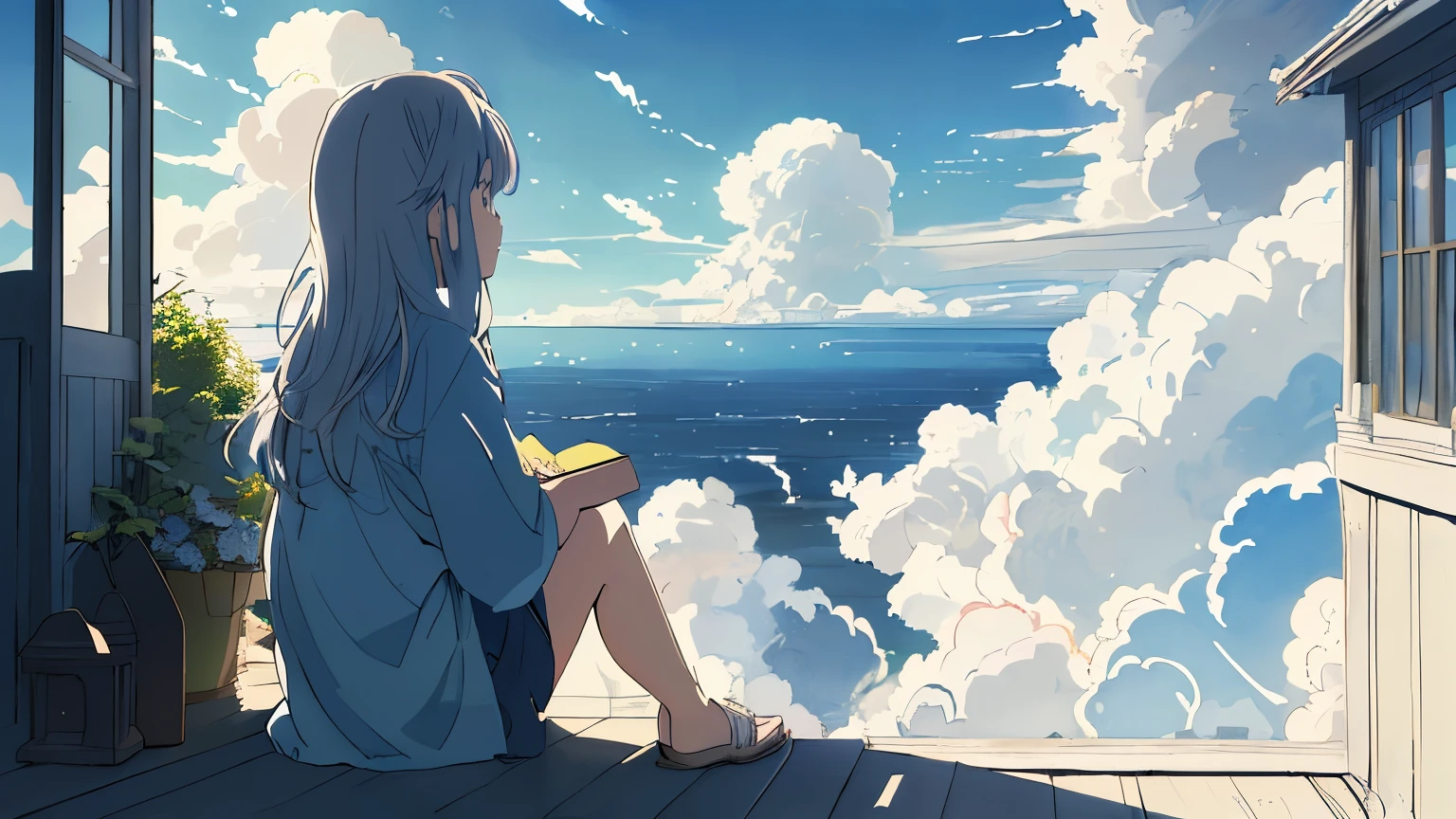 ((style:Colored pencil,pale colour)),(anime)、(masterpiece:1.2),Large cumulus clouds visible from the room、Summer sky、(Girl sitting and looking outside)、A large depiction of blue sky、Summer landscape、Old house near the sea、(Hair blowing in the wind)、Light effects