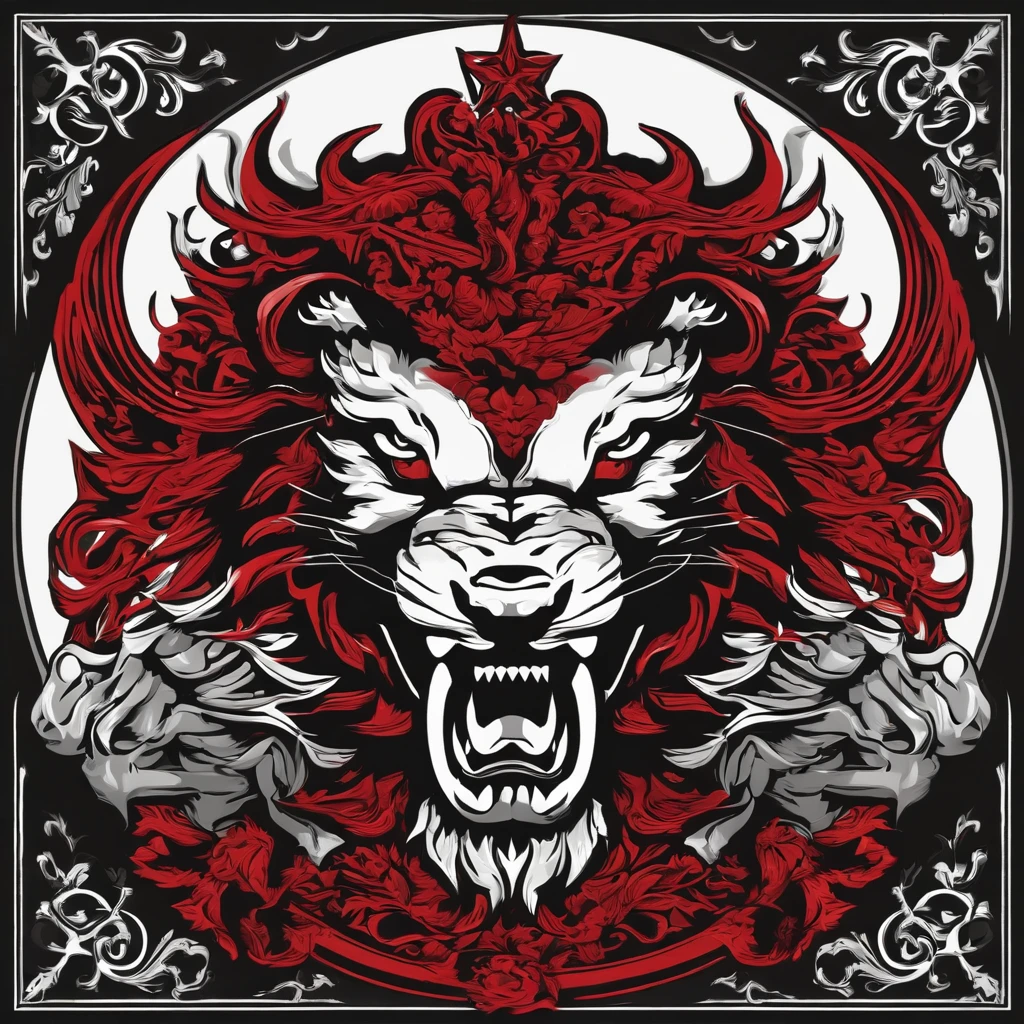 no words, distinctive, oriental-like, logo, distinctive, coat of arms, a lion-like creature, in red, black andwhite. Two swords pierce his mouth and exit through his head. The beast displays a menacing look with crossed swords entering its mouth and piercing its head.. two swords, two swords penetrating the creature. Clan badge, Icon, logo, simple red color background, color black