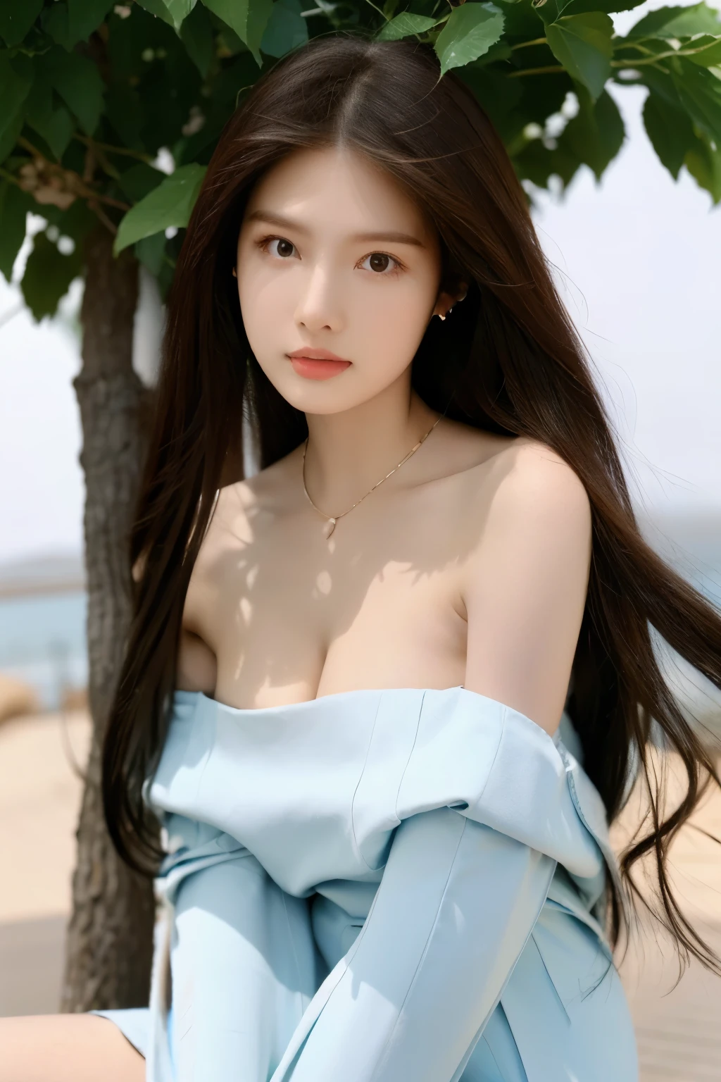 Beautiful woman with perfect body：1.4，Prominent cleavage，Layered Hairstyle，Highly detailed face and skin textures，Double eyelids，Skin Whitening，Long hair，Whitened long legs，Half chest tube top