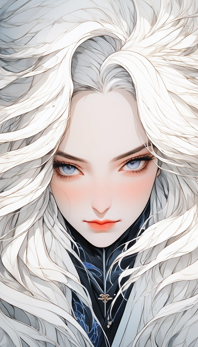 Close-up of a woman with grey hair and a black scarf, Portraits by Jan J., pixiv Contest Winner, Fantasy art, White-haired God, Beautiful character drawings, artwork in the style of Gwaiz, The sharp gaze of the Yuki-onna, Gwaiz, White long hair, of long white hair, Flowing hair and long robes