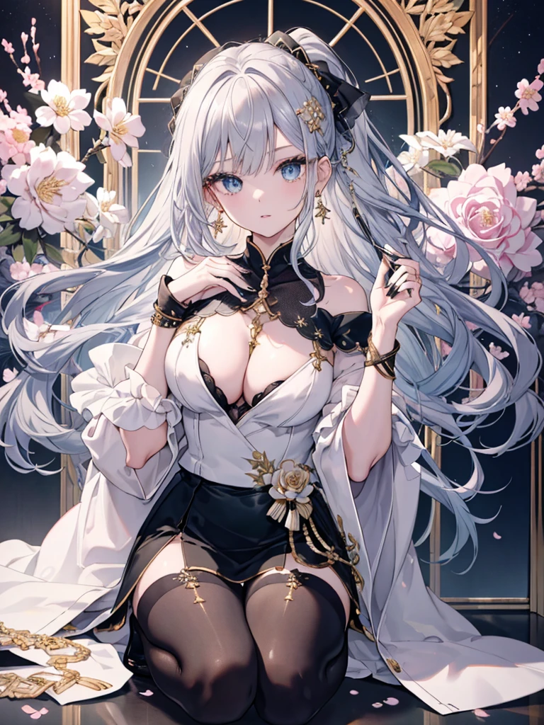 8k,High resolution RAW color art, Anime Art,Silver Marble Skin, (((Highly detailed elegant))), Detailed skin, texture,(Exquisitely crafted, The finer details, Ultra-detailed art), Depth of written boundary, Silky Touch, Hyper Detail, Cool face, Ivory Rose, eye shadow、(Highest quality:1.2, High detail, masterpiece:1.2, Best aesthetics), (1 Girl), Beautiful woman, Beautiful attention to detail, Beautiful lip detail, Highly detailed face, Delicate depiction of hair and eyes, Detailed Fashion, Blue sparkling eyes, Earrings, Slightly larger breasts,Full body depiction, ,Focus on the user、Stylish off-shoulder(The chest is white、The rest are black)、Black above the knee skirt、Tights up to the knee、Thighs、Golden decoration, Black nails, Gray Hair, Golden bracelet, Long Straight Hair, Light blue outer color、Hair、sweater、Cherry Blossoms at Night