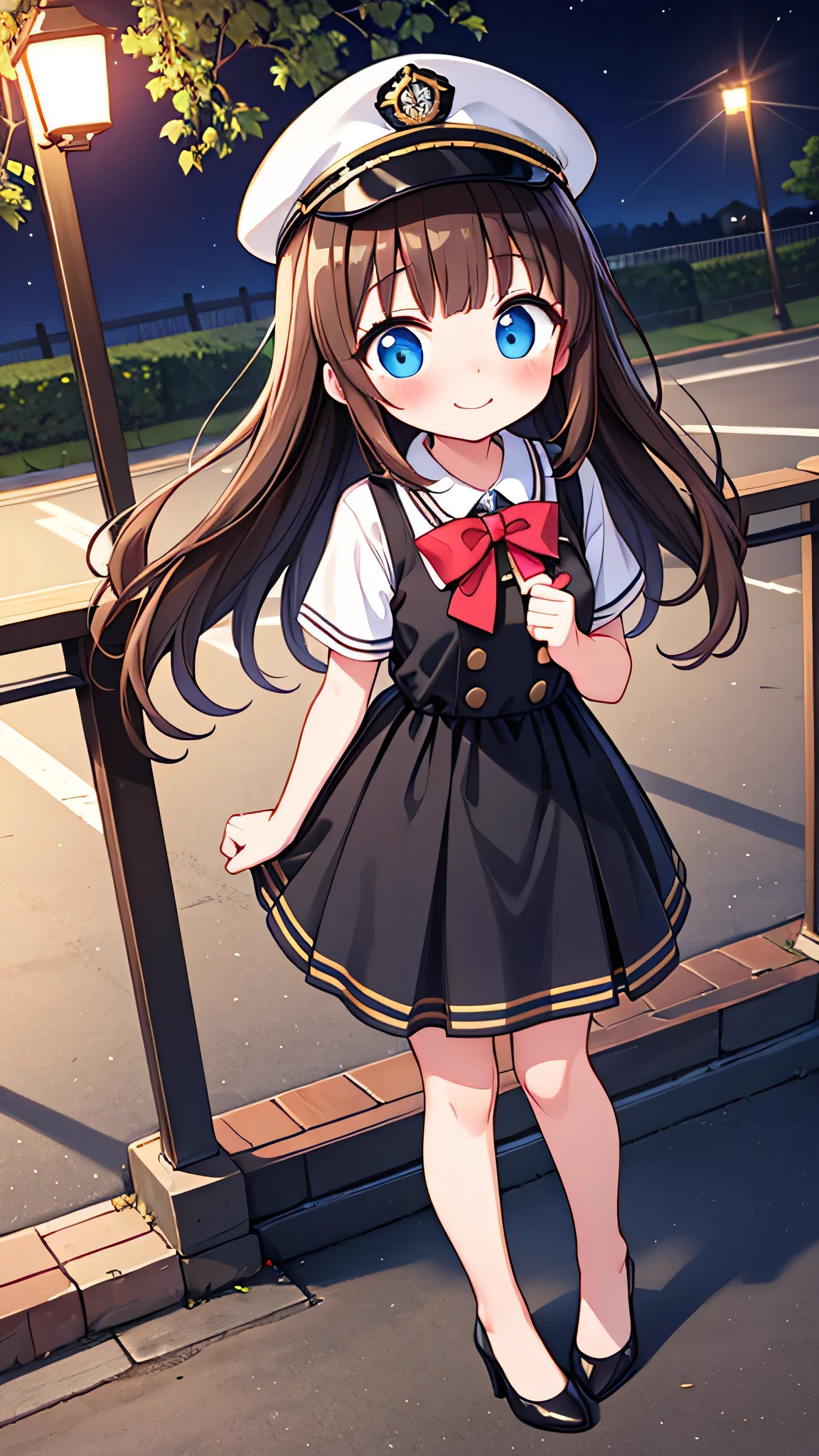 {Highest quality}, {Super beautiful},{Ultra fine},{Best illustration},Brown Hair,Hime cut,semi-long,Bangs,Standing Woman,Uniform cap,White Shirt,Short sleeve,Long black skirt,Night Park,Embarrassed,smilingly,Blushing,Slender women, A woman wearing plain black pumps,Bare feet and pumps,From an angle,From above