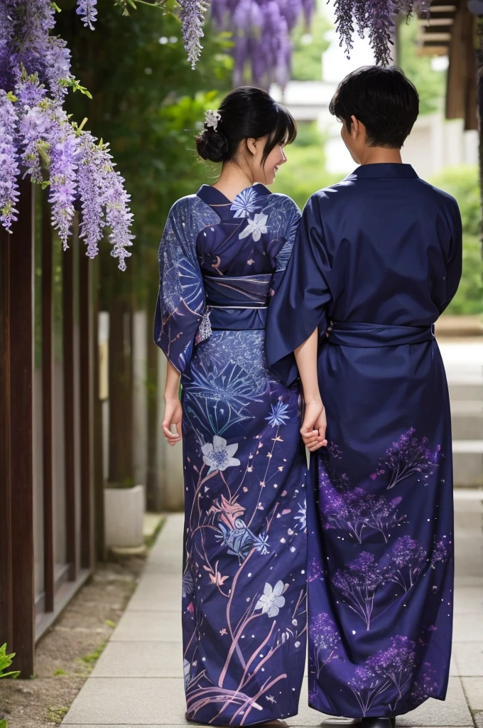 Sea Night Couple Sparklers Back View Wisteria Flower Yukata Navy Blue Yukata 