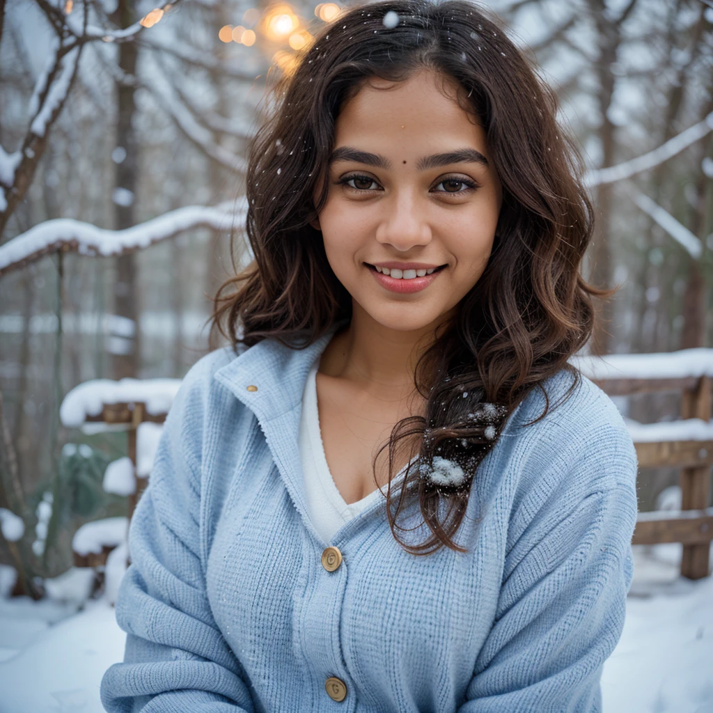 Young Indian mixed race Malagasy woman, shy and charming, long black hair, slightly curly, beautiful eyes and eyebrows, 22 years old, oval and natural face, innocent, made up, curly hair, average height body with immense curve extremely beautiful and perfectly fitted, very beautiful body of 1.85m, student, looks at the laptop screen, in an office. His smile radiates warmth and his eyes sparkle with joy. The snow falls gently around it, creating a magical and serene atmosphere.

The image should be captured in high quality, high resolution, with extremely detailed background. The woman's skin should have pores and imperfections, which adds to the realism and authenticity of the photo.

The lighting should be soft and flattering, highlighting the beauty of the woman and the snowy landscape.

The photo should have a cinematic feel, with a sense of depth, dimension and composition.

The general mood of the photo should evoke tranquility, serenity and beauty.