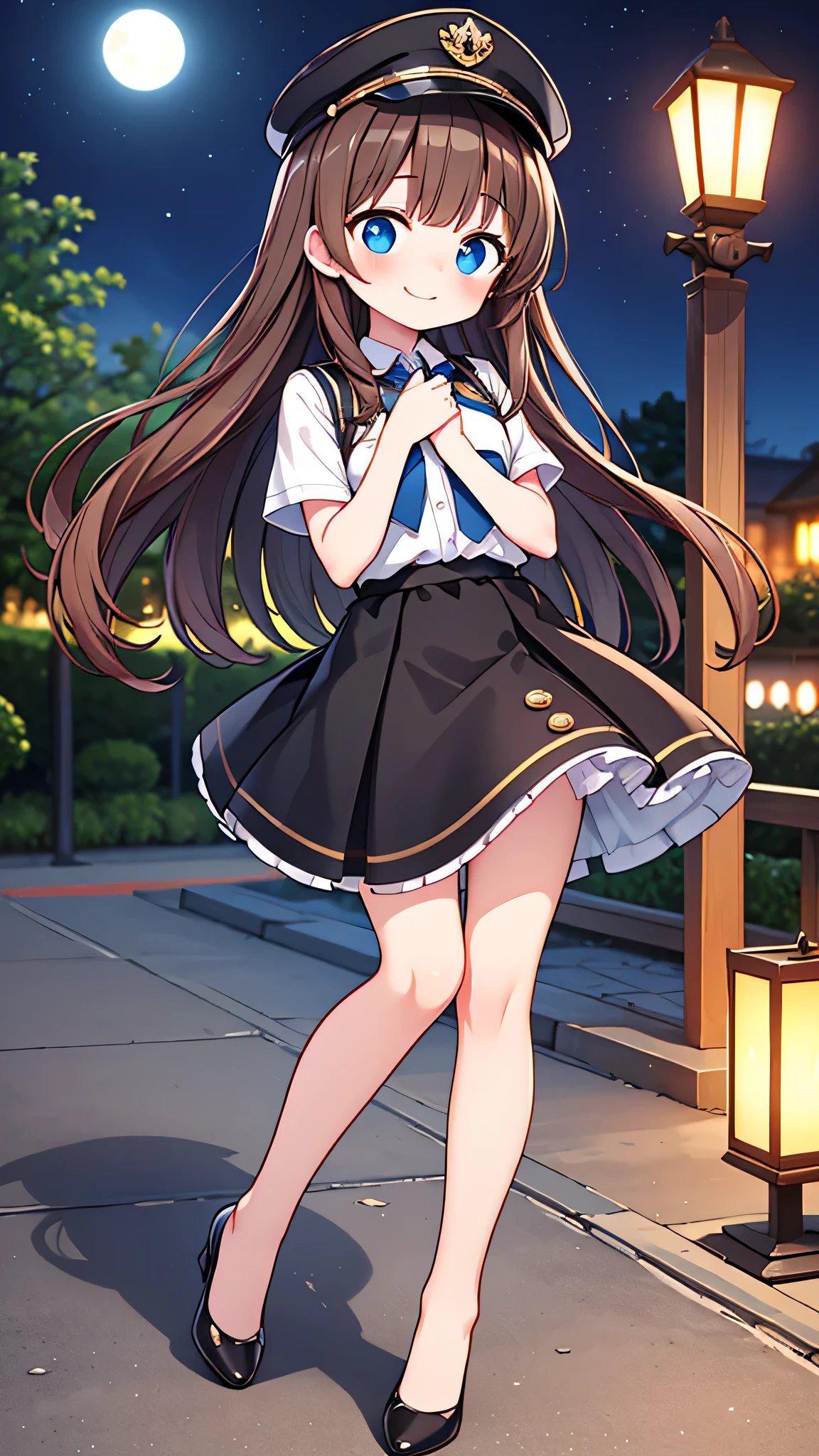 {Highest quality}, {Super beautiful},{Ultra fine},{Best illustration},Brown Hair,Hime cut,semi-long,Bangs,Standing Woman,Uniform cap,White Shirt,Short sleeve,Long black skirt,Night Park,Embarrassed,smilingly,Blushing,Slender women, A woman wearing plain black pumps,Bare feet and pumps,From an angle,From above