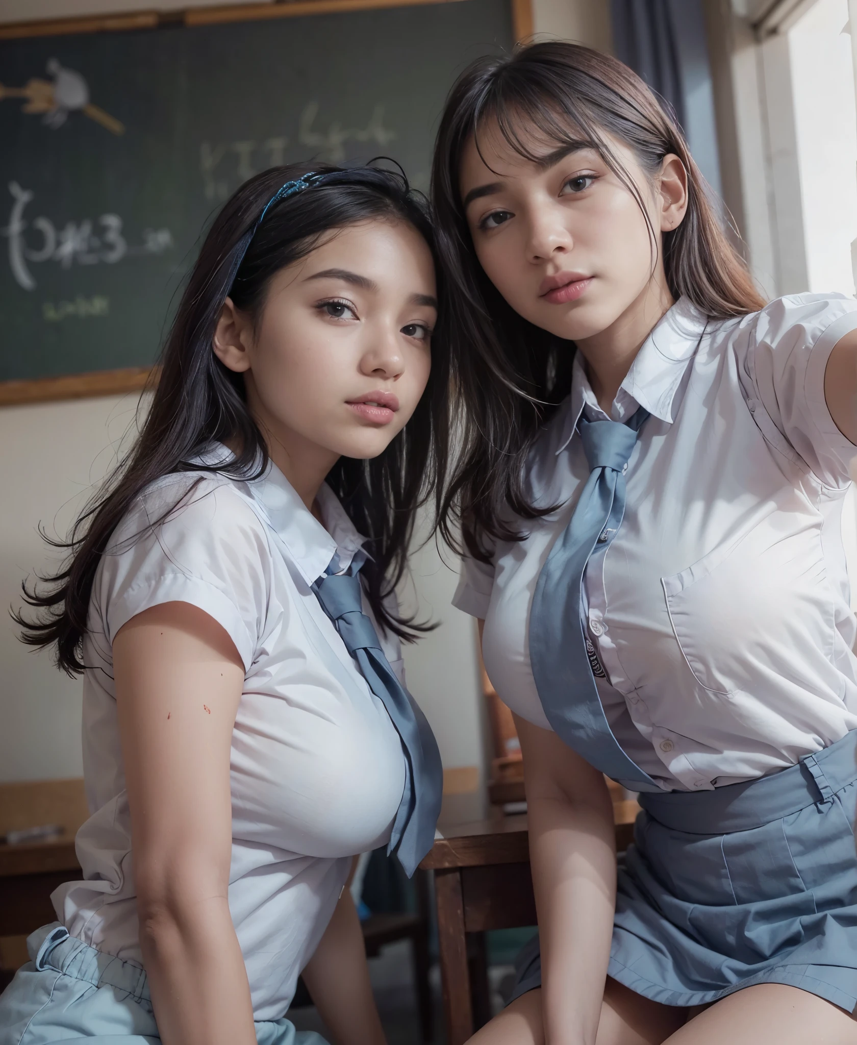 (upperbody:1.2), selfie portrait of (2 girls:1.5), beautiful cewe-sma wearing (highschool uniform, short sleeve, blue grey long tie, (bottomless:1.5)), serene expression, detailed facial features, flawless make-up, intricate embroidered patterns, (exposed hanging breast:1.4), slim body, sitting side by side with elegant pose), in the classroom, looks so cool, (foggy atmosphere:1.3), ((low angle, seen from forward):1.3), (facing forward:1.2), soft natural lighting, photorealistic, highly detailed, 8k, cinematic, dramatic, natural color tones,