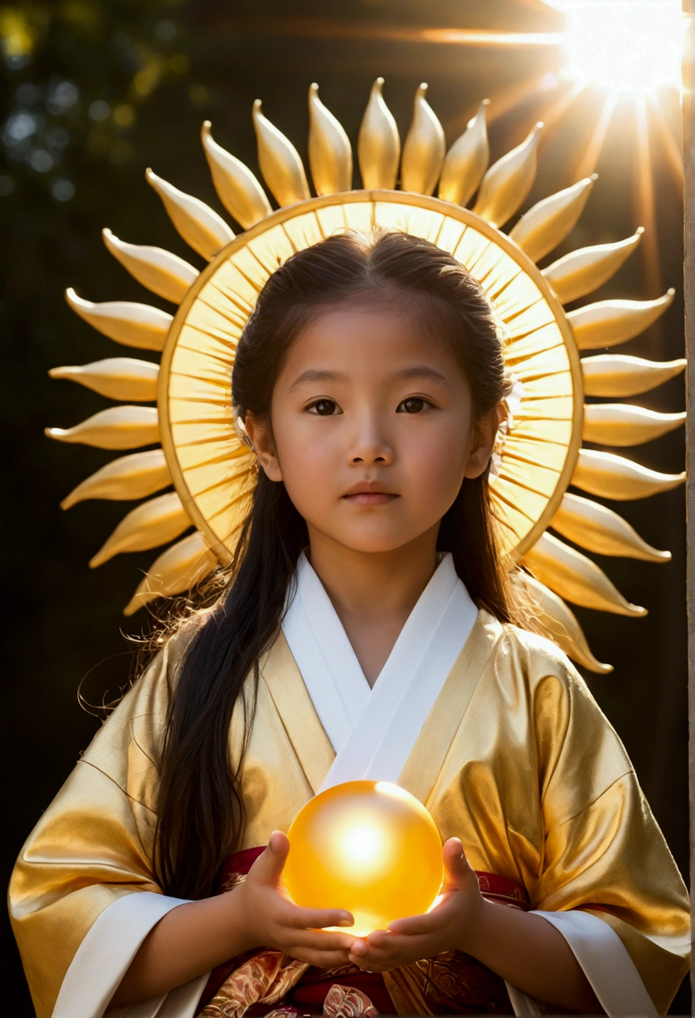 "Child of the Sun, Goddess of Love": Within a sacred sanctuary bathed in sunlight, depict the figure of a sun goddess who governs love, facing forward and emanating divine radiance. She is a , around . Zoom in to focus on her face, with a gleaming orb of light in her hands, representing the life-giving power of the sun. Her hair is shimmering gold, and she is wearing a traditional miko outfit as seen in Japanese shrines. The background should be predominantly gold, evoking a sense of divine splendor, with numerous heart-themed objects expressing the beauty of love. The setting is in heaven, enveloped in soft, bright light, where one can find tranquility and peace of mind, free from any trace of anxiety.Straight-on.