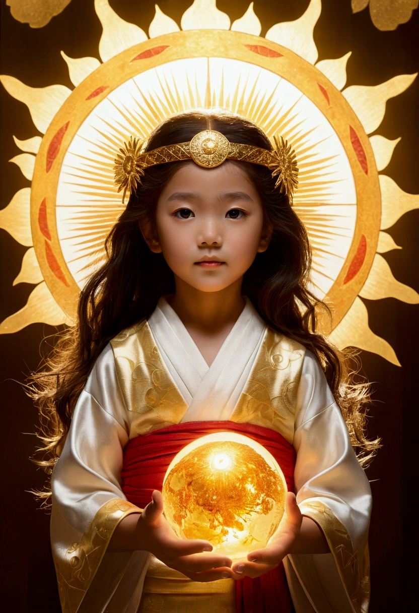 "Child of the Sun, Goddess of Love": Within a sacred sanctuary bathed in sunlight, depict the figure of a sun goddess who governs love, facing forward and emanating divine radiance. She is a , around . Zoom in to focus on her face, with a gleaming orb of light in her hands, representing the life-giving power of the sun. Her hair is shimmering gold, and she is wearing a traditional miko outfit as seen in Japanese shrines. The background should be predominantly gold, evoking a sense of divine splendor, with numerous heart-themed objects expressing the beauty of love. The setting is in heaven, enveloped in soft, bright light, where one can find tranquility and peace of mind, free from any trace of anxiety.Straight-on.