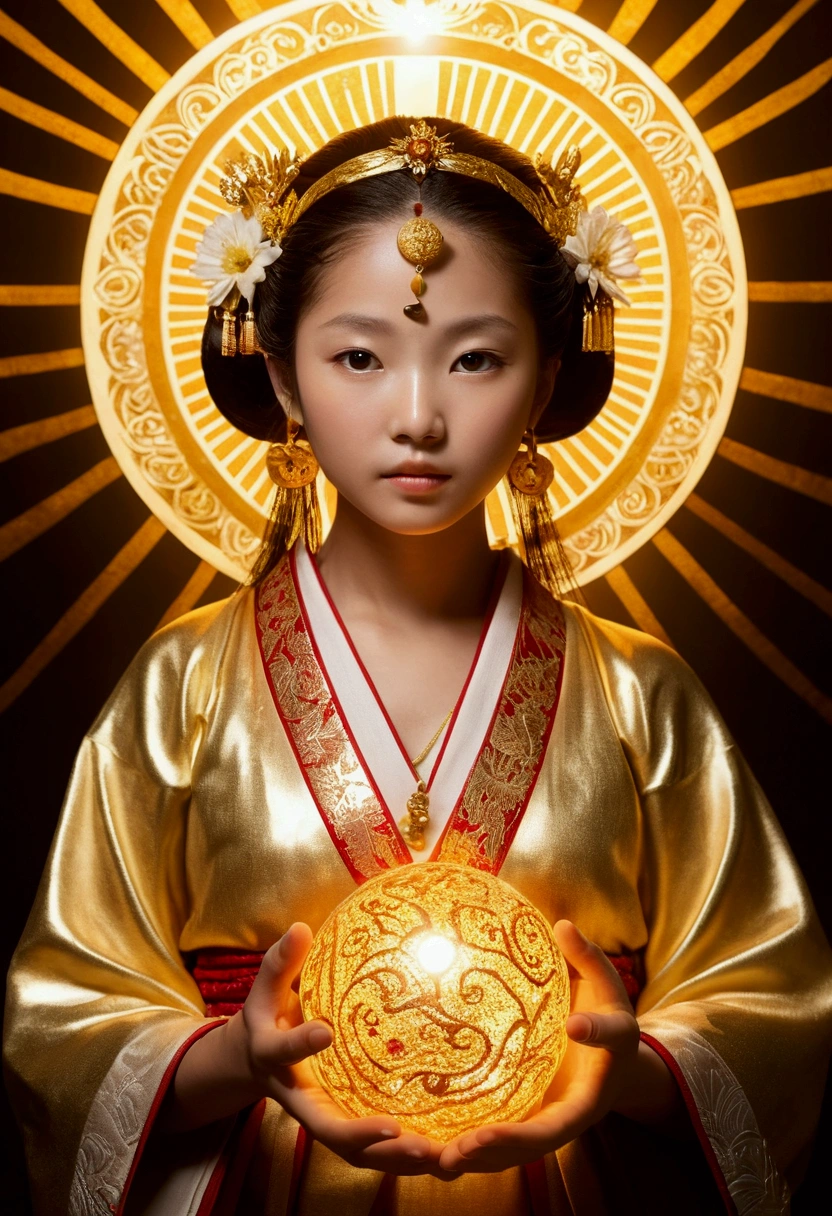 "Child of the Sun, Goddess of Love": Within a sacred sanctuary bathed in sunlight, depict the figure of a sun goddess who governs love, facing forward and emanating divine radiance. She is a , around 3 . Zoom in to focus on her face, with a gleaming orb of light in her hands, representing the life-giving power of the sun. Her hair is shimmering gold, and she is wearing a traditional miko outfit as seen in Japanese shrines. The background should be predominantly gold, evoking a sense of divine splendor, with numerous heart-themed objects expressing the beauty of love. The setting is in heaven, enveloped in soft, bright light, where one can find tranquility and peace of mind, free from any trace of anxiety.Straight-on.