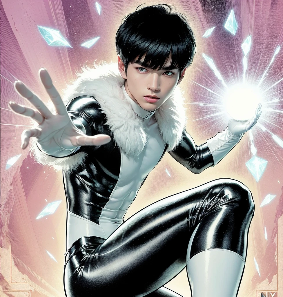 American classic comic book art: Mind Telepathy, handsome delicate ethereal young man, silky black short hair with bangs, tight black and white outfit with white fur collars, pointed ears, black tight leggings, long white gloves, emanating white energy, very young face boy Asian, ethereal male delicate body, Northstar Marvel, big city,butt, thighs, levitating crystals, magic light pink energy, white eyes, focus on face, classic comic book
