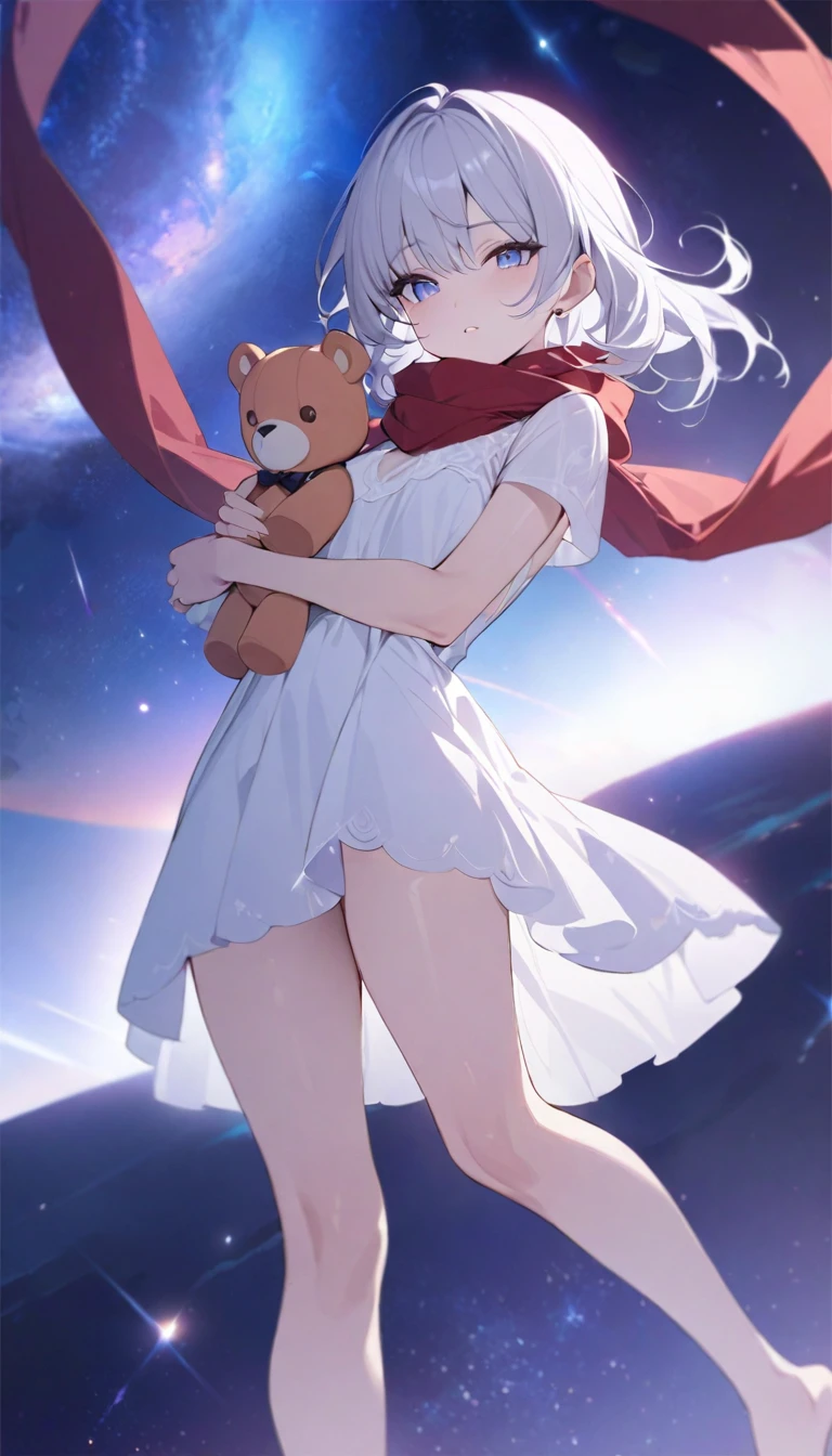 (((masterpiece))), (((best quality))),(((high detail))),light manipulation, girl with long silver hair, gradient purple to sky blue eyes, wearing a white dress, a red scarf, galaxy background, holding a teddy bear, feet, no footwear