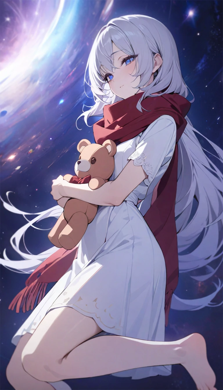 (((masterpiece))), (((best quality))),(((high detail))),light manipulation, girl with long silver hair, gradient purple to sky blue eyes, wearing a white dress, a red scarf, galaxy background, holding a teddy bear, feet, no footwear