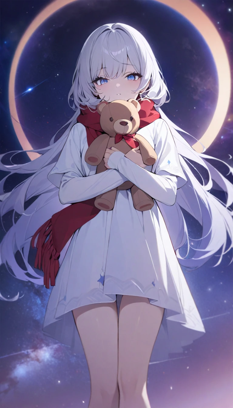 (((masterpiece))), (((best quality))),(((high detail))),light manipulation, girl with long silver hair, gradient purple to sky blue eyes, wearing a white dress, a red scarf, galaxy background, holding a teddy bear, feet, no footwear