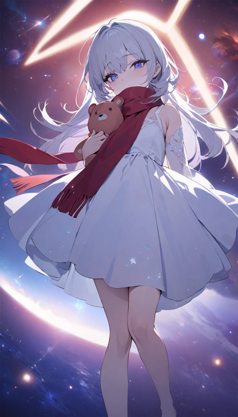 (((masterpiece))), (((best quality))),(((high detail))),light manipulation, girl with long silver hair, gradient purple to sky blue eyes, wearing a white dress, a red scarf, galaxy background, holding a teddy bear, feet, no footwear