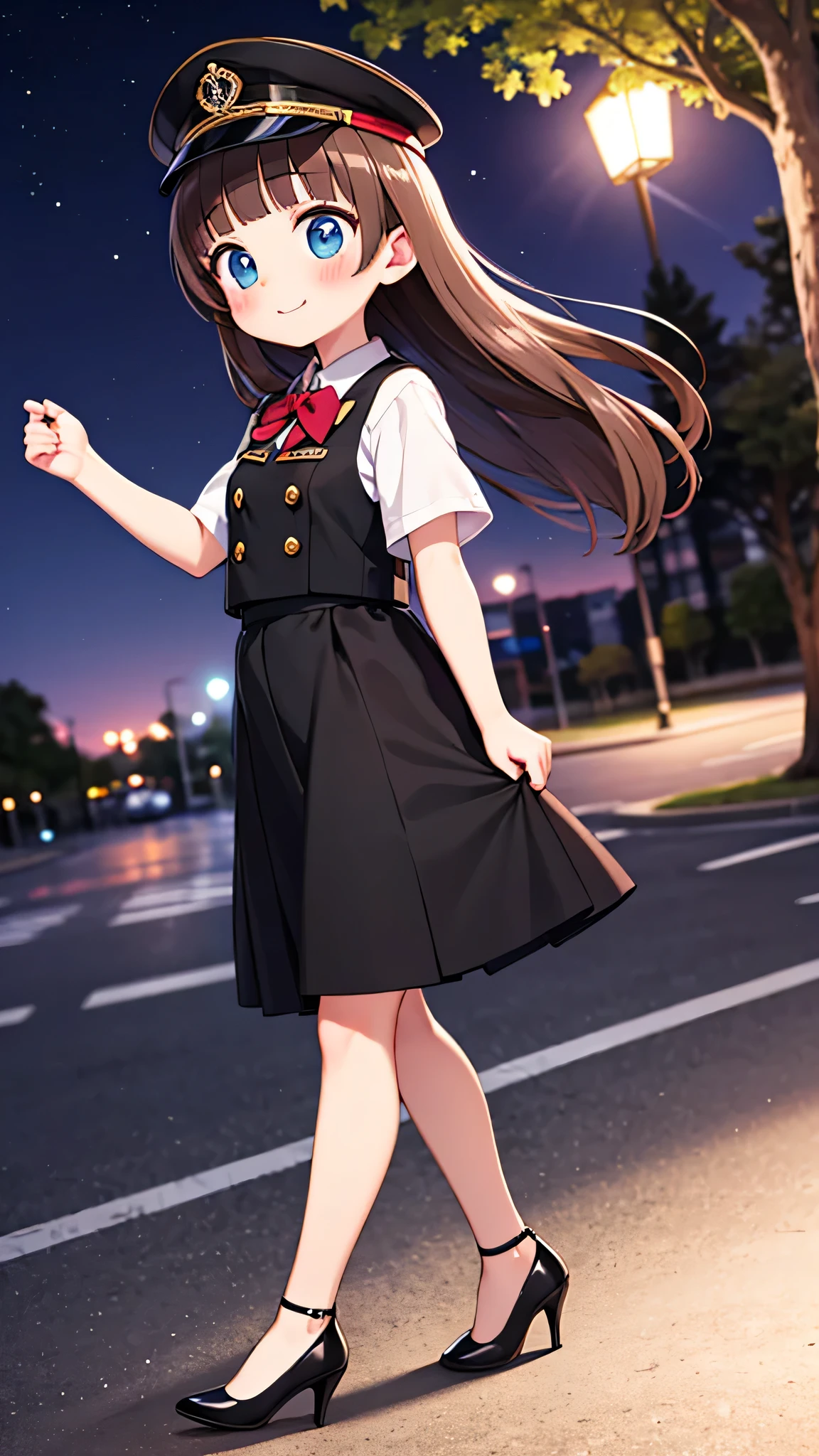 {Highest quality}, {Super beautiful},{Ultra fine},{Best illustration},Brown Hair,Hime cut,semi-long,Bangs,Standing Woman,Uniform cap,White Shirt,Short sleeve,Long black skirt,Night Park,Embarrassed,smilingly,Blushing,Slender women, A woman wearing plain black pumps,Bare feet and pumps,From an angle,From above