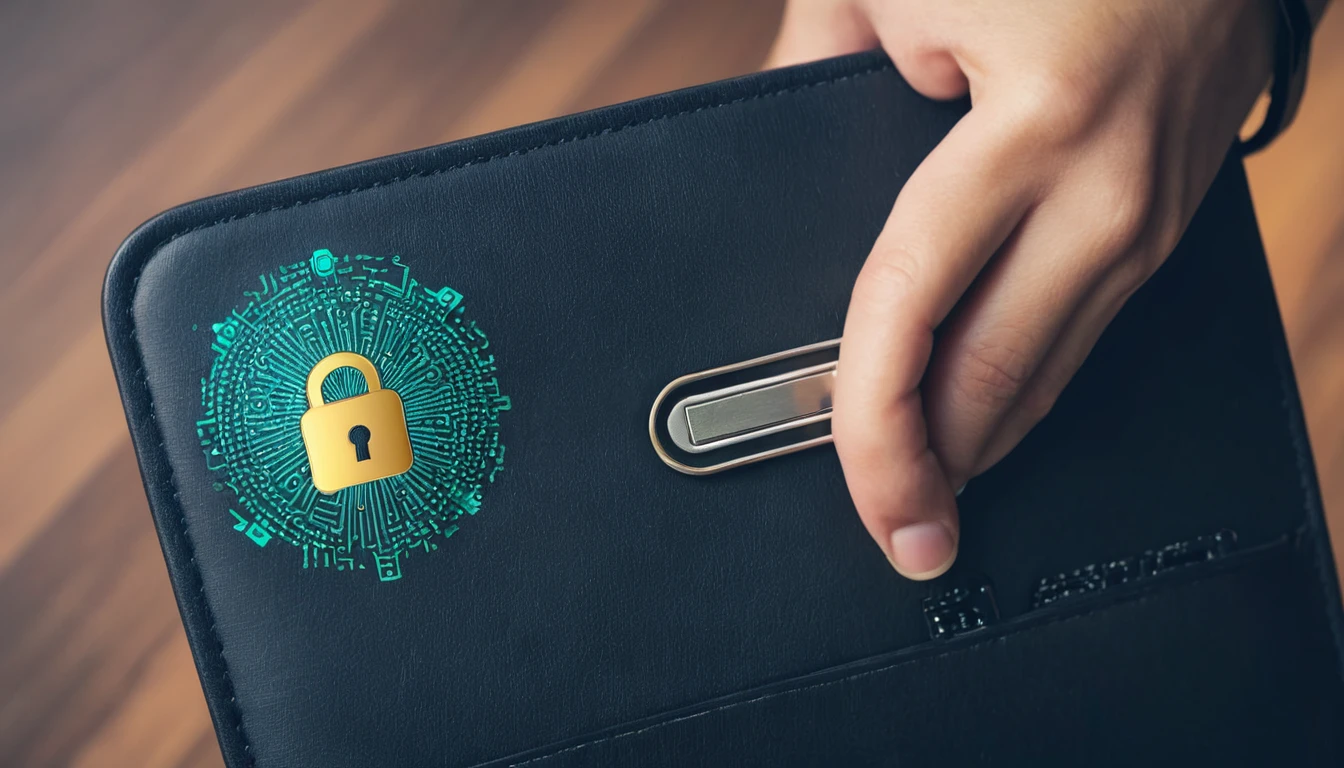 Visual representation of a secure digital wallet interface with encryption keys and biometric authentication symbols. Emphasizes the importance of security in cryptocurrency transactions.
