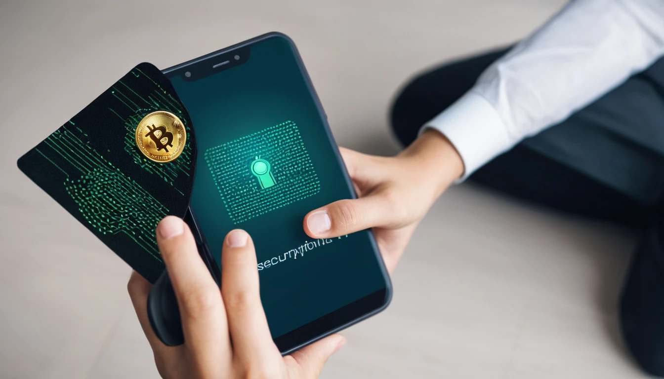Visual representation of a secure digital wallet interface with encryption keys and biometric authentication symbols. Emphasizes the importance of security in cryptocurrency transactions.
