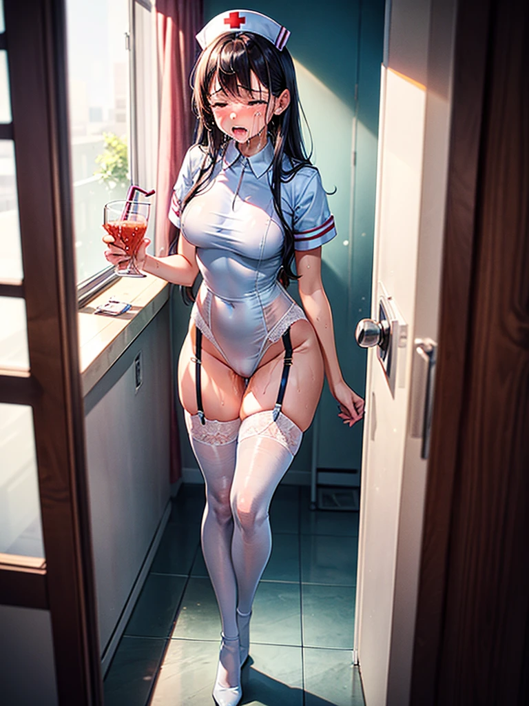 Highest Resolution,8K quality,A beautiful girl in a white nurse uniform leotard crying,High leg,Knee-high stockings,garter belt,Dripping saliva,Tears,sweat profusely,hospital,front,whole body,(((Drink))),darkroom,Bedroom,