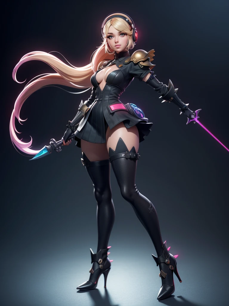 female character inspired by metroid, ((Metroid)),small, detailed textures, overlapping seams, sample seams, minute details, complex light, Waist slender,dark, spiked knee pads, knee pads with creases, shoulder pads rich in details, shoulder pads with red LED on the side, black and lilac, show full body, complex normal map, subsurface alta, detailed seams, detailed creases, opening on the sides, cyberpunk, General Vision, panoramic view of the character, Front and side view, detailed shadows, skin natural, occlusion environment, high subsurface, Detailed lighting, , large legs, beautiful legs, dark theme, details Intricate, single glove,face detailed, Exquisite face, pose action, lasers, bare smooth waist, well-defined flat belly, super detailed top, large ornaments, design imitating the curves of the body, head uncovered, wearing detailed metroid armor, beautiful and big breasts, armor overlapping the skin, (Nier Automata), show off your body completely, cropped, smooth lines, big chest, high-heels, cleavage over the breasts, futuristic greatsword, sword in hand