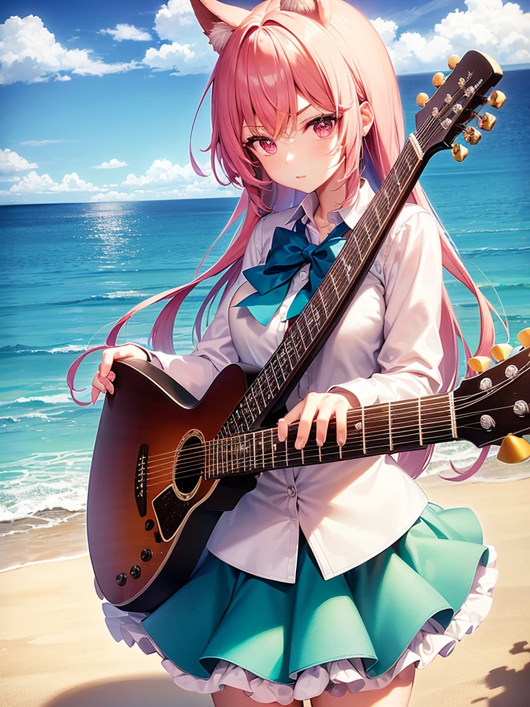 (One girl, size), (guitar alone), bubble skirt, aqua shirt, bow, bowtie, button, collared shirt, Expressionless, Eyebrows hidden by hair, fox mask, Cowboy Shot, Long Hair, Long sleeve, mask, multicolored button, Pink Eyes, Pink Hair, orange skirt, Plaid, Plaid shirt, purple bow, purple bowtie, shirt, skirt, alone, very Long Hair, Ocean, Ocean, Beach, cloudy, sunlight, evening, moon, cloud, null, Outdoor, cloudy null, leaf, Remains, Sunbeam, Post-apocalyptic, Side view