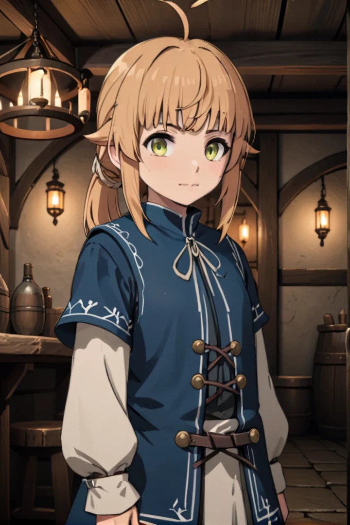 1 8-year-old girl, (Norn Greyrat), Standing in a medieval tavern and looking at the viewer,  Her face is fine and smooth, Her eyes are super small, A masterpiece with soft lighting and detailed environments.、Create immersive environments that inspire your imagination,
Draw in the style of Mushoku Tensei,
Ultra-detailed, High-quality visuals, Dim lighting, Sharply focused, Octane Rendering, 8K Ultra HD